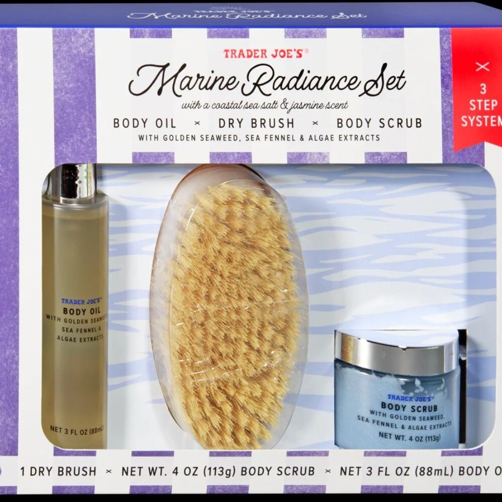 Trader Joe's Radiance Set Body Oil, Brush, Body Scrub Coastal Scent NEW In BOX - Picture 5 of 5